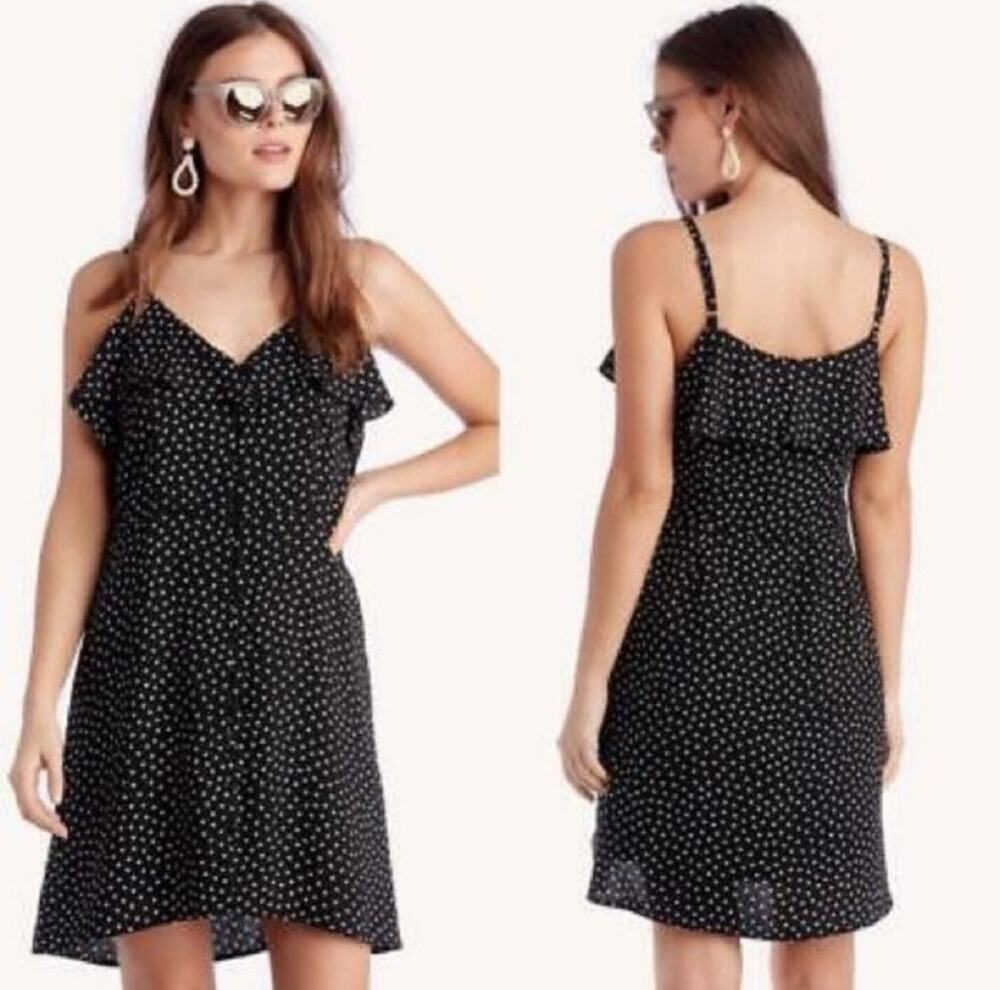 Sanctuary Rafaela Button Mini Dress XS Black White Polka Dot Ruffle Preppy Twee